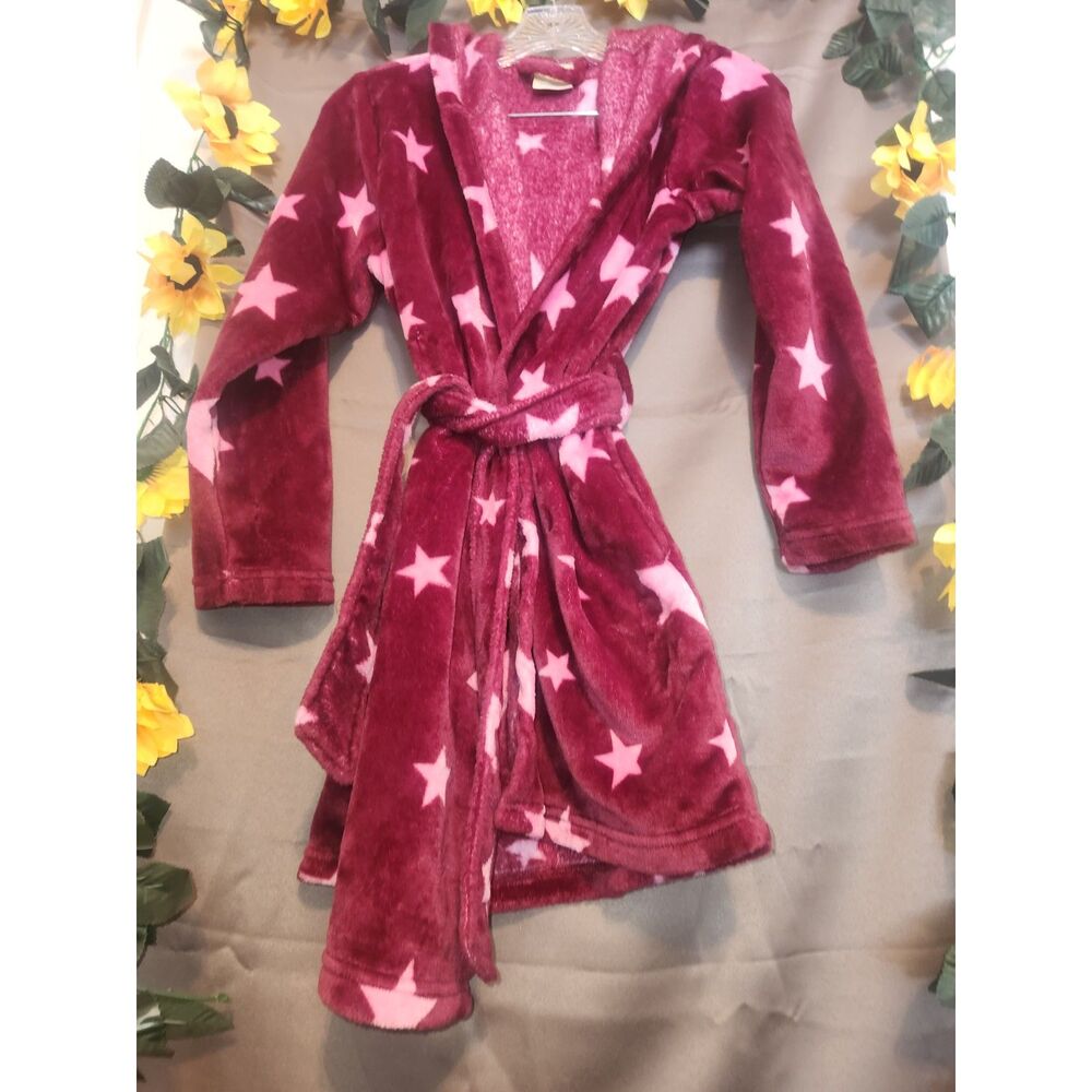 Thereabouts Girls Hooded Plush Fleece Bathrobe Size L 14 Burgundy Wine Pink Star
